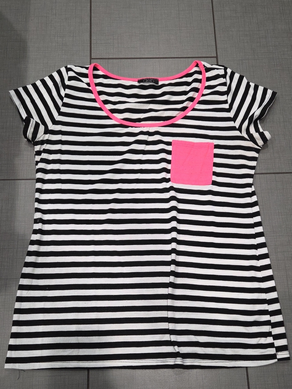 Deb Black & White Striped Tee with Neon Pink Pocket & Trim Large